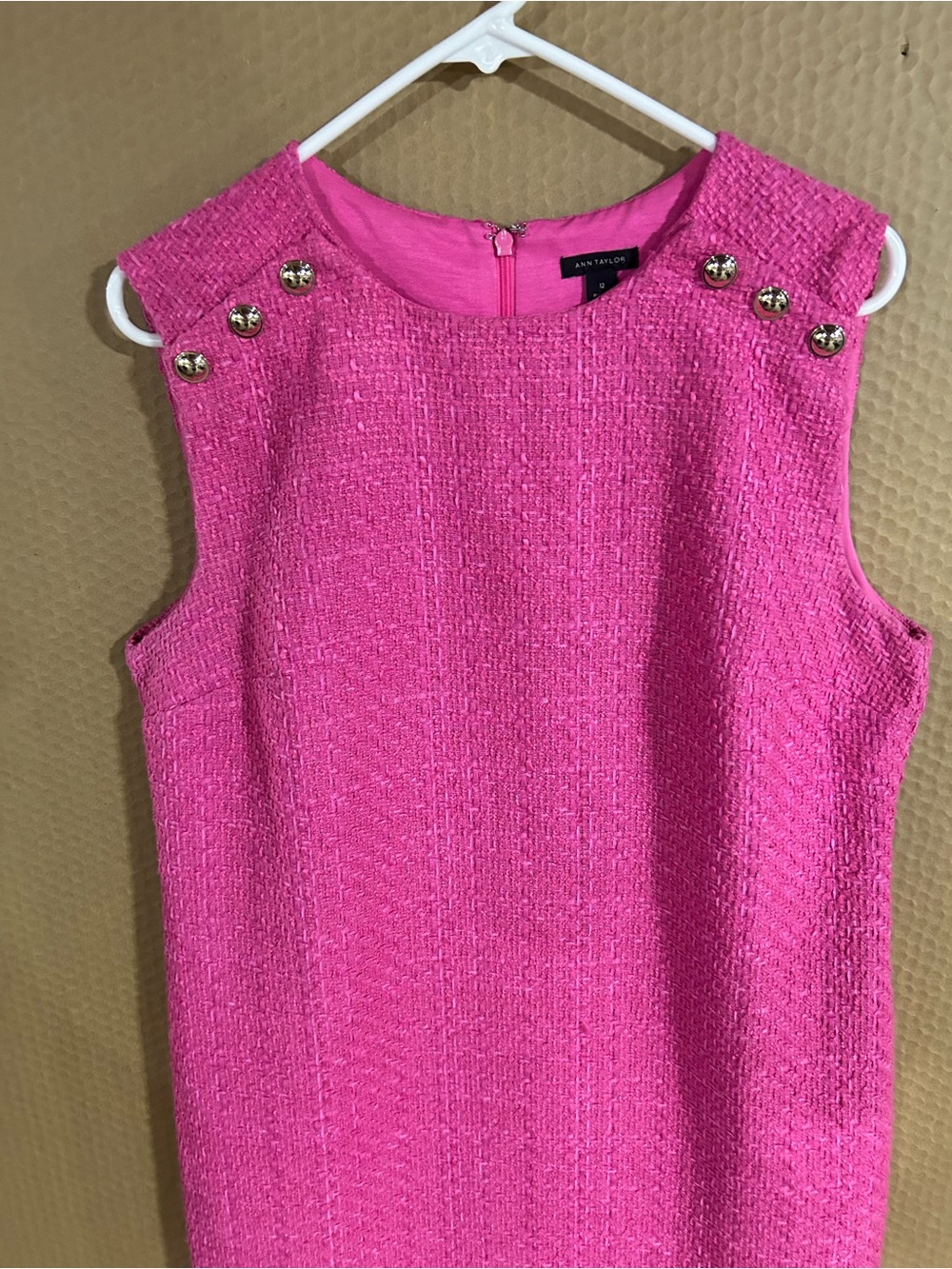 Ann Taylor Hot Pink Tweed Sleeveless Shift Dress with Gold Studs - Picture 2 of 5